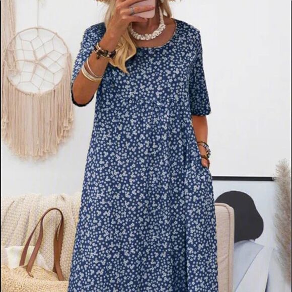 MISSLOOK Misslook navy blue white floral midi dress - Large / L - Picture 1 of 9